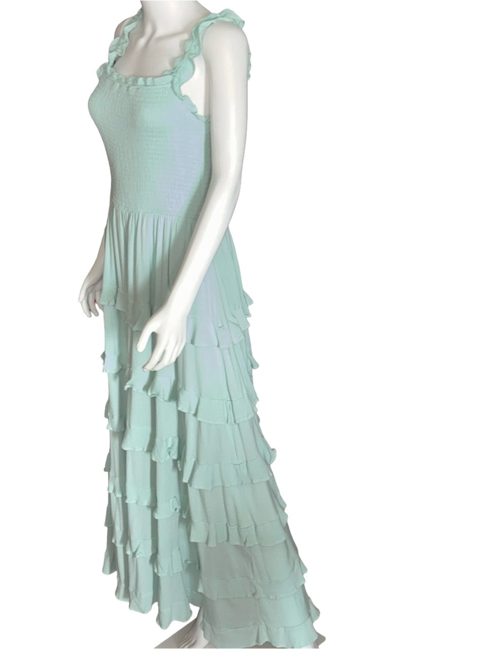 So Me Sage Green Smocked Tiered Ruffle Cottagecore Maxi Dress Medium Coquette - Picture 3 of 8